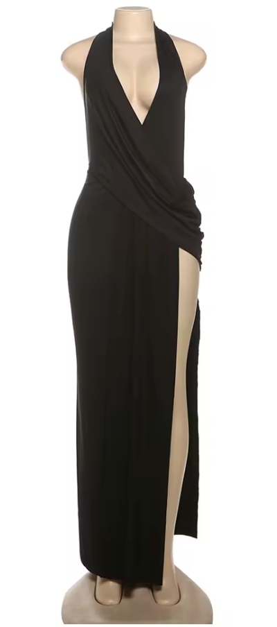 High Splits Long Dress Women Halter Deep V-Neck Backless Sleeveless Summer Pool Party Ruched Elegant